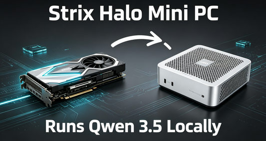 Tech review cover for AMD Strix Halo Mini PC local AI testing. Features the real Strix Halo device and highlights Qwen 3.5 LLM running capability.